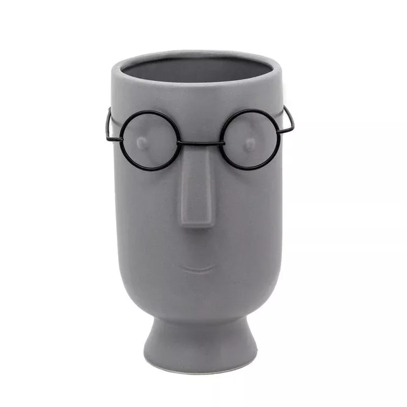 9″ Face with Glasses Ceramic Vase – Gray
