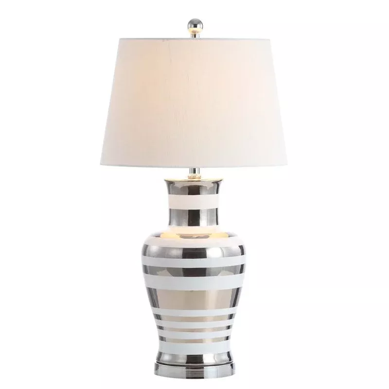 Zilar Striped Ceramic LED Table Lamp – Silver and White