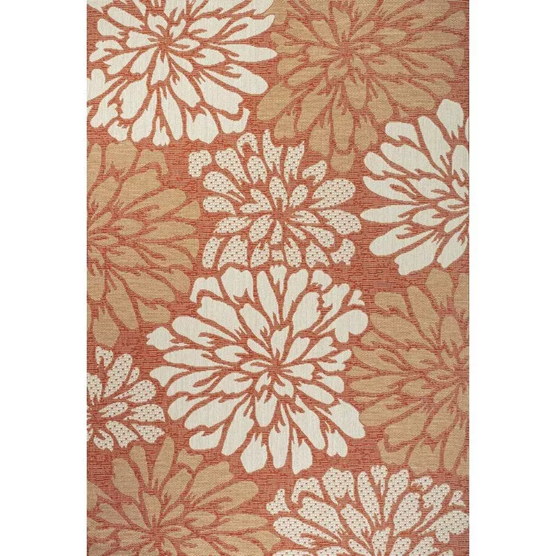 Zinnia Modern Floral Textured Weave 60″ L x 37″ W Indoor/Outdoor Area Rug – Orange/Cream